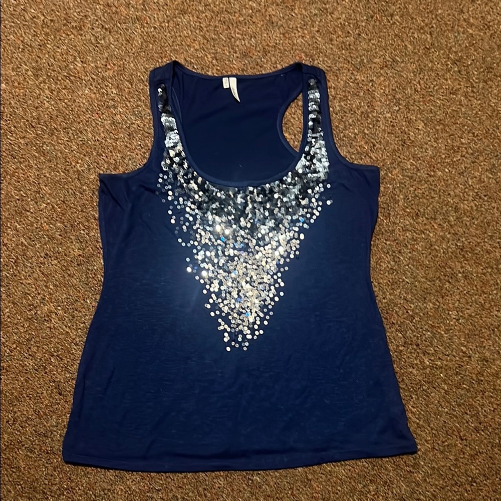 FINAL OFFER Studio Y Blue Sequin Fitted Sleeveless Tank Top Size Large